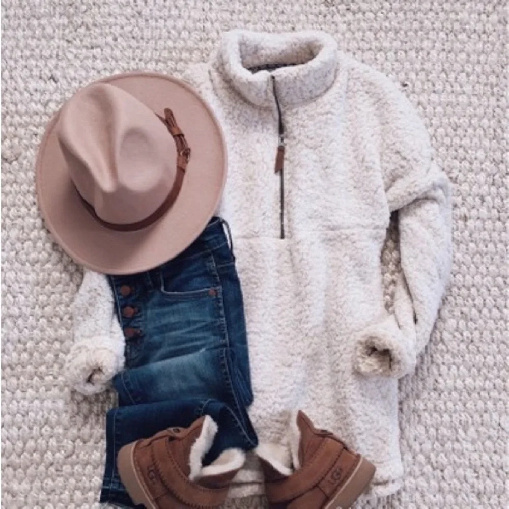 Women Sherpa faux fur plush pullover sweater